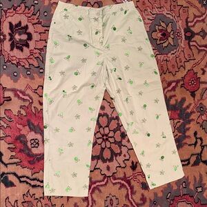 Embroidered Pants with Green Floral Accents